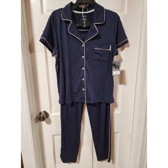 Nine West Women's Navy Short Sleeve With Pants Sleepwear Set Button Down Pajama - Picture 1 of 11